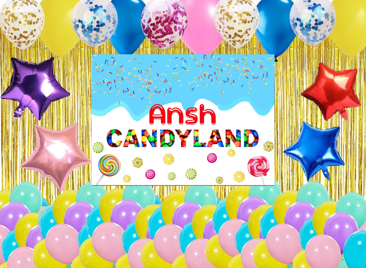 Candy Land Theme Birthday Party Decoration Kit with Backdrop & Balloons