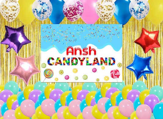 Candy Land Theme Birthday Party Decoration Kit with Backdrop & Balloons