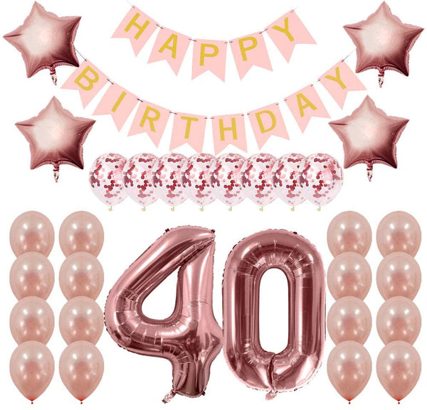 Rose Gold Sweet Party Supplies - Sweet Gifts for Girls - Birthday Party Decorations - Happy Birthday Banner, Number and Confetti Balloons (40th Birthday)
