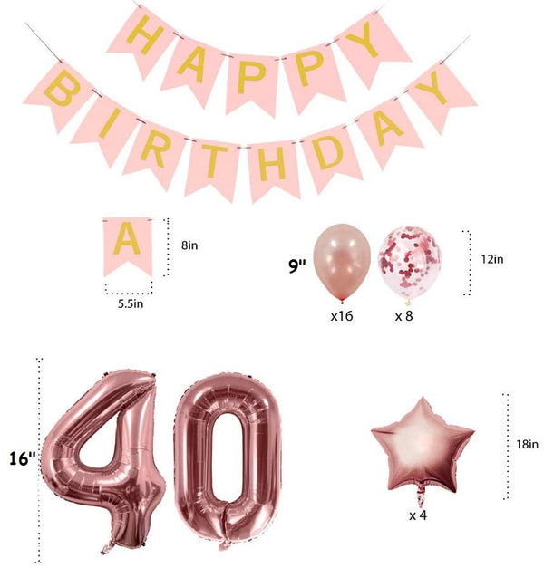 Rose Gold Sweet Party Supplies - Sweet Gifts for Girls - Birthday Party Decorations - Happy Birthday Banner, Number and Confetti Balloons (40th Birthday)