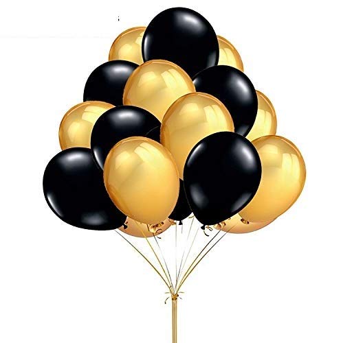 Gold And Black Birthday Decoration Combo Kit"-Banner, Fringe Curtain Golden ,Star Foil & Latex Balloons