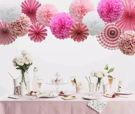 Pink Paper Party Decorations Paper Fans Set and Paper Pompoms Flowers