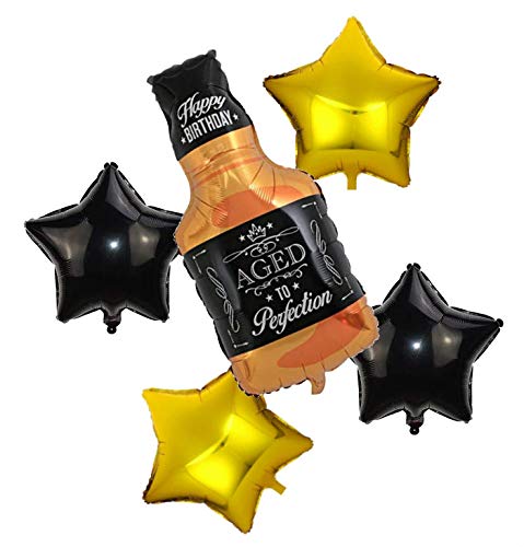 Aged To Perfection Whiskey Bottle Super Shape Mylar Foil Balloon With Star Balloons Golden And Black Pack Of 5 Pcs