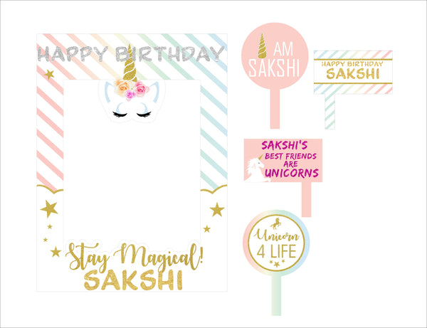 Unicorn Theme Birthday Party Selfie Photo Booth Frame & Props