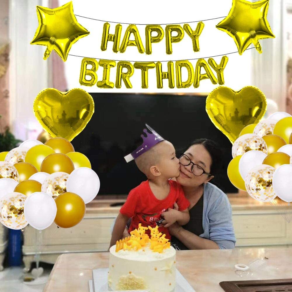 Gold Birthday Decorations, Happy Birthday Balloon Banner, Gold Party Decorations, Happy Birthday Foil Balloons, Heart Star Foil Confetti Balloons (Happy Birthday)