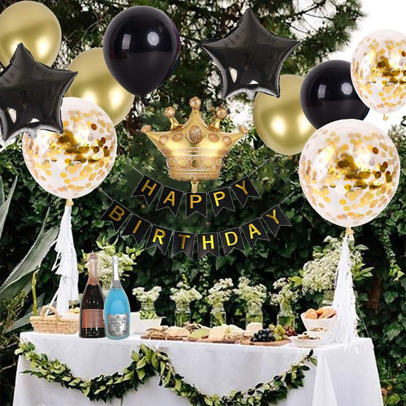 Birthday Party Decorations KIT - Happy Birthday Banner, Gold Crown Balloon Gold and Black Latex Balloons, Perfect Party Supplies