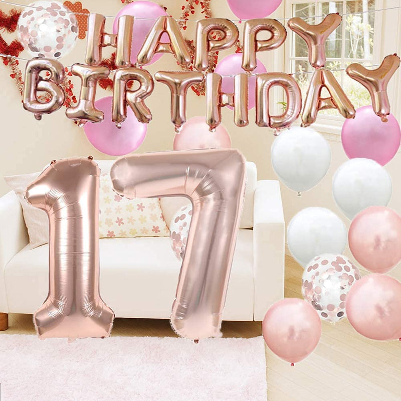 17th Birthday Balloon 17th Birthday Decorations Happy 17th Birthday Party Supplies Rose Gold Number 17 Foil Balloons Latex Balloon Gifts for Girls,Boys,Women,Men