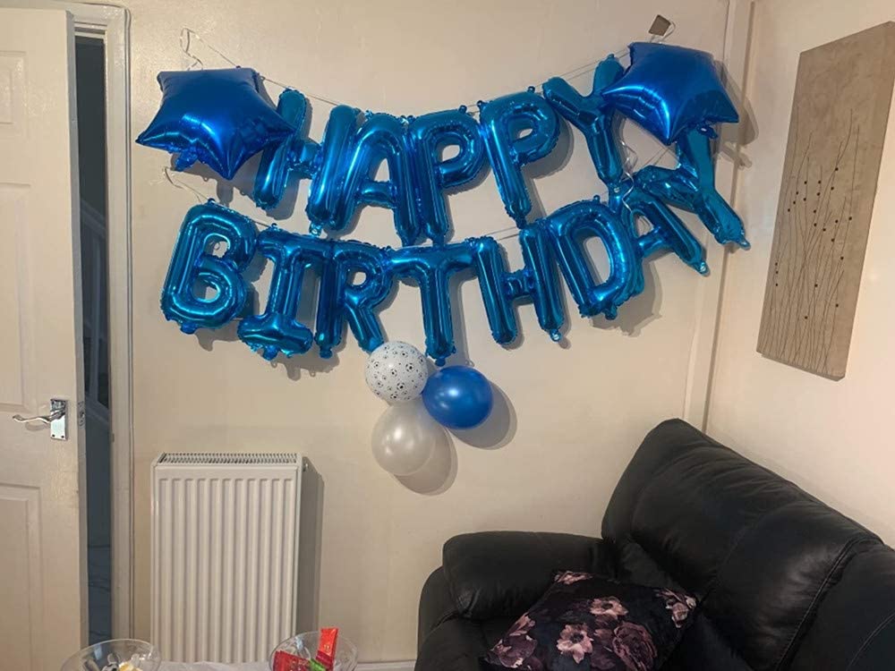 Blue Happy Birthday Banner Balloon Bunting Blue 16 inch Letters Foil & 2 Pack Large 18 Inch Blue Stars Ballloons for Boys Birthday Party Decorations Supplies