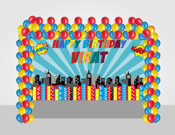 Super Hero Theme Birthday Party Decoration Kit with Backdrop & Balloons