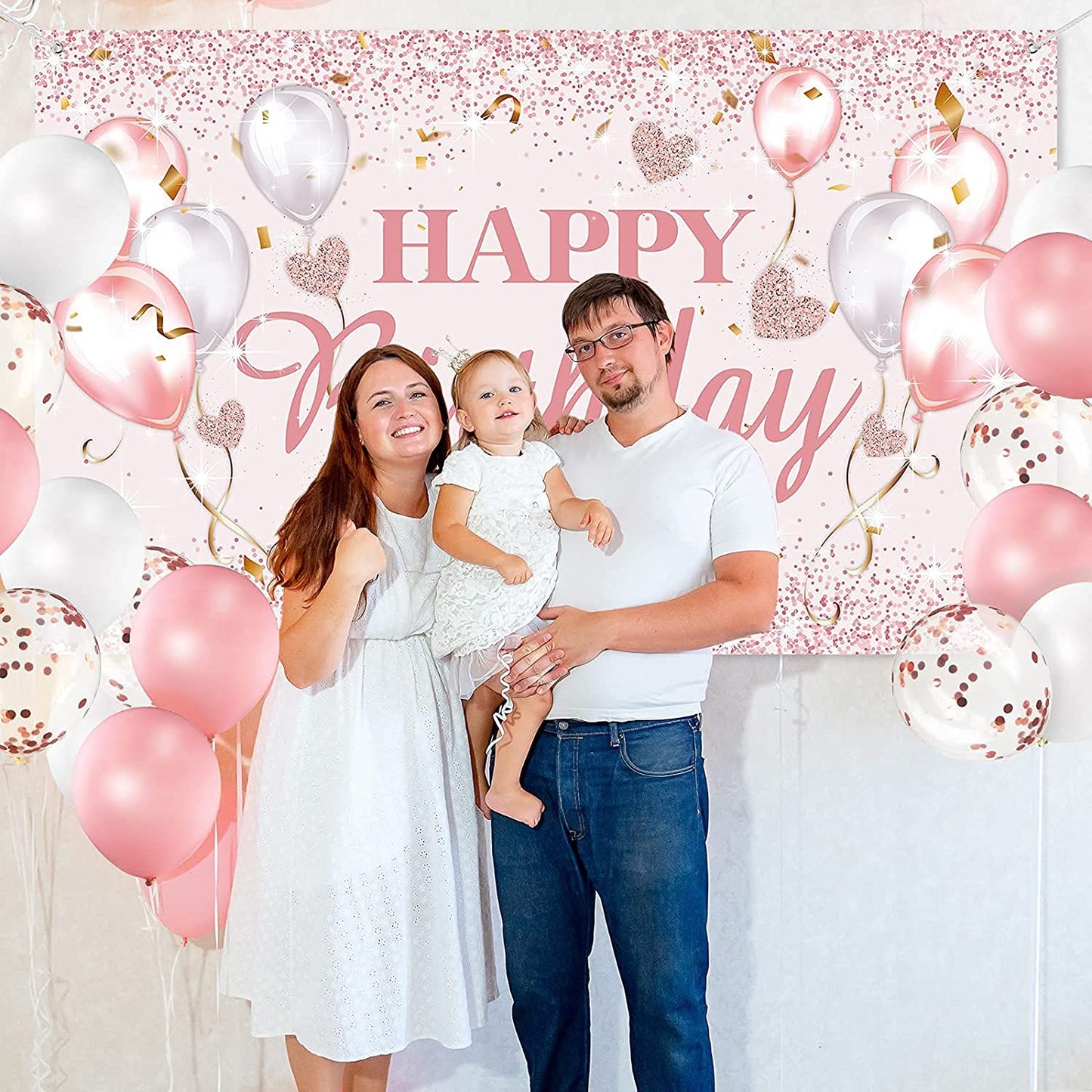 Happy Birthday Party Decorations Supplies Birthday Party Banner Balloons for Women and Girls Happy Birthday Backdrop Sweet 16 Photography Background Photo Booth (Happy Birthday)