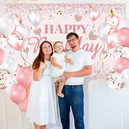 Happy Birthday Party Decorations Supplies Birthday Party Banner Balloons for Women and Girls Happy Birthday Backdrop Sweet 16 Photography Background Photo Booth (Happy Birthday)