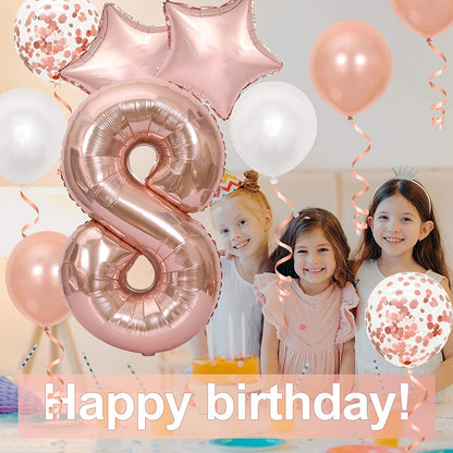16 Inch Rose Gold Number 8 Balloon, Large Helium Balloon Birthday Party Decorations for Girls, Rose Gold Latex Balloons, 2 Year Party Supplies for Baby Shower Birthday Celebration