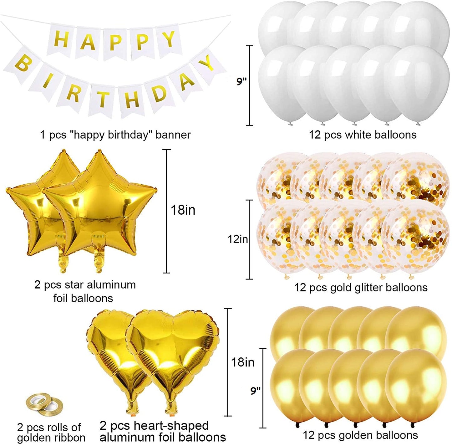 Gold White Balloon Garland, Happy Birthday Banner, Gold Latex Confetti Sequin Balloon for Birthday Party, Baby Shower, Wedding, Man Woman Wedding Anniversary