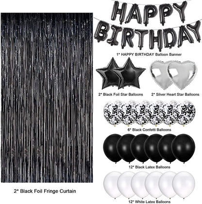 Black Birthday Party Decorations Set with Happy Birthday Balloons Banner, Confetti Balloons, Foil Fringe Curtain for Birthday Party Supplies (Birthday)