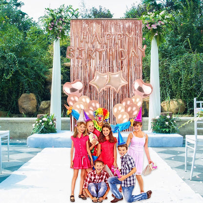 Birthday Party Decorations Kit Happy Birthday Balloons Banner, Heart & Star Foil Balloons, Latex Balloons and Confetti Balloons, Metallic Foil Fringe Curtains Photo Backdrop (Rose Gold)