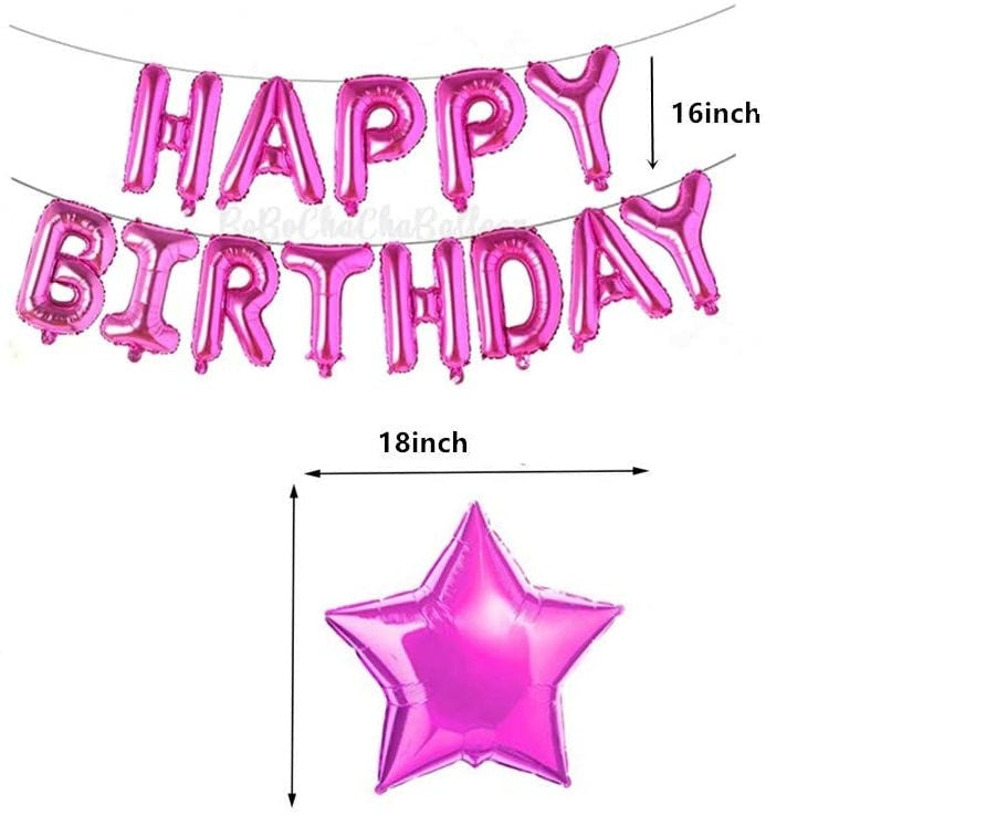 Happy Birthday Balloon Banner Self Inflated Pink 16 inch Letters Foil & 2 Pack Large 18 Inch Pink Stars Ballloons for Girls Women Birthday Party Decorations Supplies