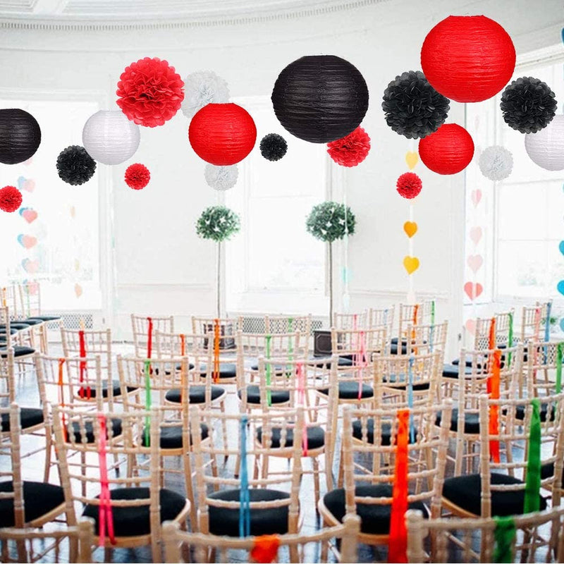 Red, Black And White Tissue Paper Pom Poms And Paper Lanterns -Casino Party, Movie party Decorations