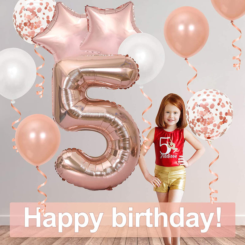 16 Inch Rose Gold Number 5 Balloon, Large Helium Balloon Birthday Party Decorations for Girls, Rose Gold Latex Balloons, 2 Year Party Supplies for Baby Shower Birthday Celebration