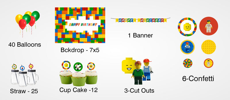 Lego Theme Birthday Party Combo Kit with Backdrop & Decorations