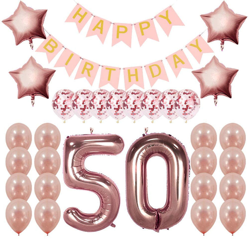 Rose Gold Sweet Party Supplies - Sweet Gifts for Girls - Birthday Party Decorations - Happy Birthday Banner, Number and Confetti Balloons (50th Birthday)