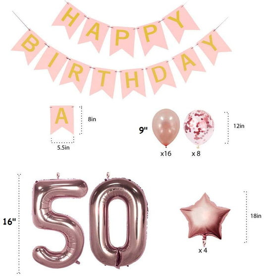 Rose Gold Sweet Party Supplies - Sweet Gifts for Girls - Birthday Party Decorations - Happy Birthday Banner, Number and Confetti Balloons (50th Birthday)
