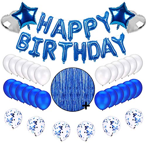 Blue Birthday Party Decorations Set With Happy Birthday Balloons Banner, Confetti Balloons, Foil Fringe Curtain For Birthday Party Supplies