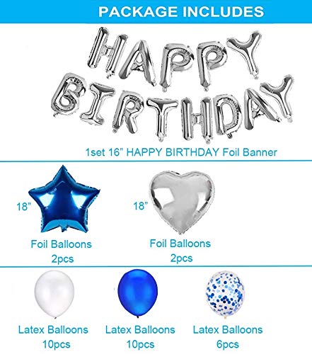 Baby Boy'S Happy Birthday Party Supplies Decorations Set With Star, Heart Foil, Latex, Confetti Balloons, Banner (Blue, Silver)