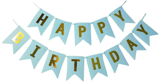Blue Gold Foiled Happy Birthday Bunting Banner Party Decor Home Decor For Home