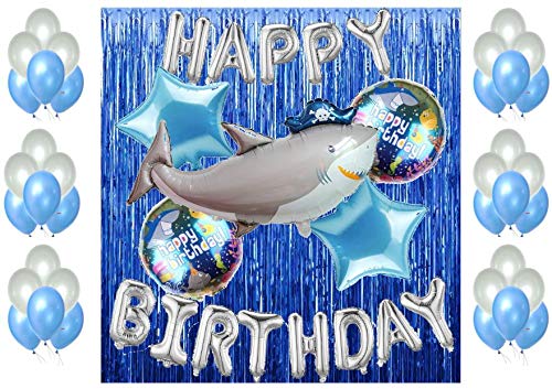 Shark Birthday Party Decoration – Combo Pack Of 50, Silver Happy Birthday Foil Banner & Silver And Blue Shark Theme Decoration Items