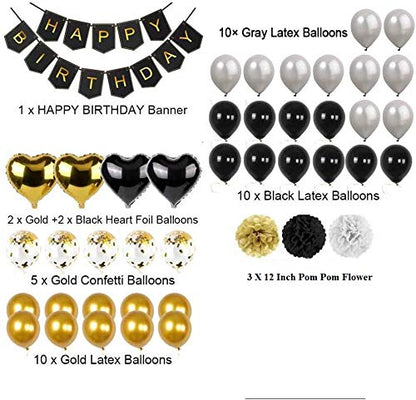 Black And Gold Party Decorations Confetti Balloons With Banner, Star Heart Foil Balloons ,Paper Pompoms