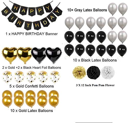 Black And Gold Party Decorations Confetti Balloons With Banner, Star Heart Foil Balloons ,Paper Pompoms
