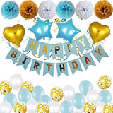 Blue Birthday Decorations Set -Happy Birthday Banner,Latex Balloons, Pompoms Flowers, Star And Heart Foil Balloons