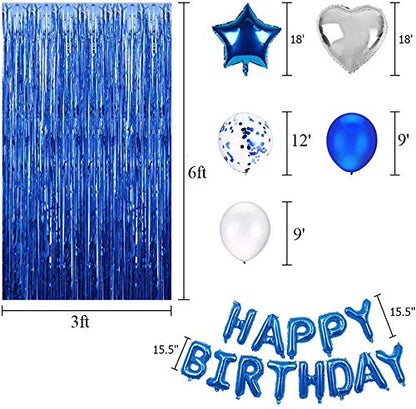 Blue Birthday Party Decorations Set With Happy Birthday Balloons Banner, Confetti Balloons, Foil Fringe Curtain For Birthday Party Supplies