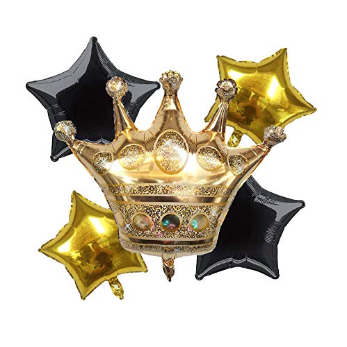 King Crown Foil Party Balloon And Stars Black +Gold -Set Of 5