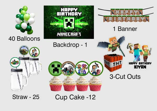 Minecraft Theme Birthday Party Combo Kit with Backdrop & Decorations