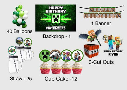 Minecraft Theme Birthday Party Combo Kit with Backdrop & Decorations