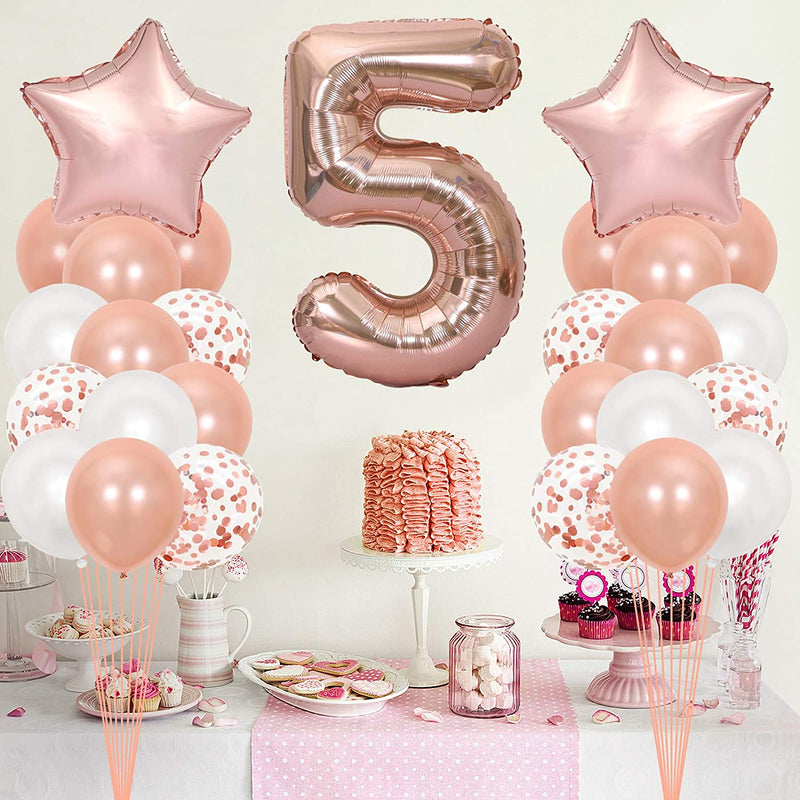16 Inch Rose Gold Number 5 Balloon, Large Helium Balloon Birthday Party Decorations for Girls, Rose Gold Latex Balloons, 2 Year Party Supplies for Baby Shower Birthday Celebration