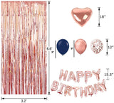 Blue Birthday Party Decorations Set with Happy Birthday Balloons Banner, Confetti Balloons, Foil Fringe Curtain for Birthday Party Supplies (Rose Gold)