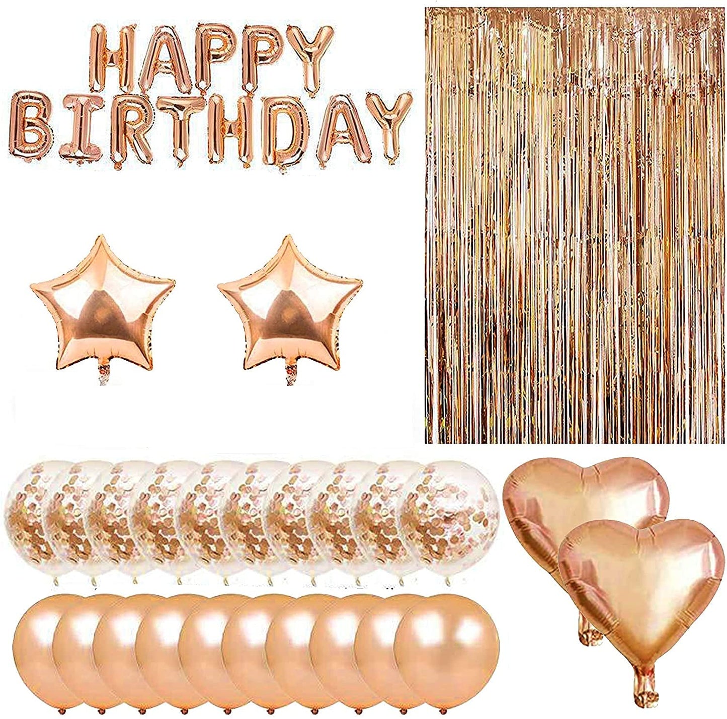 Birthday Decorations for Girls and Women with Happy Birthday Balloons Banner and Complete Rose Gold Party Supplies includes Tassel Garland Foil Curtain Confetti Heart Star Shaped