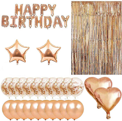 Birthday Decorations for Girls and Women with Happy Birthday Balloons Banner and Complete Rose Gold Party Supplies includes Tassel Garland Foil Curtain Confetti Heart Star Shaped