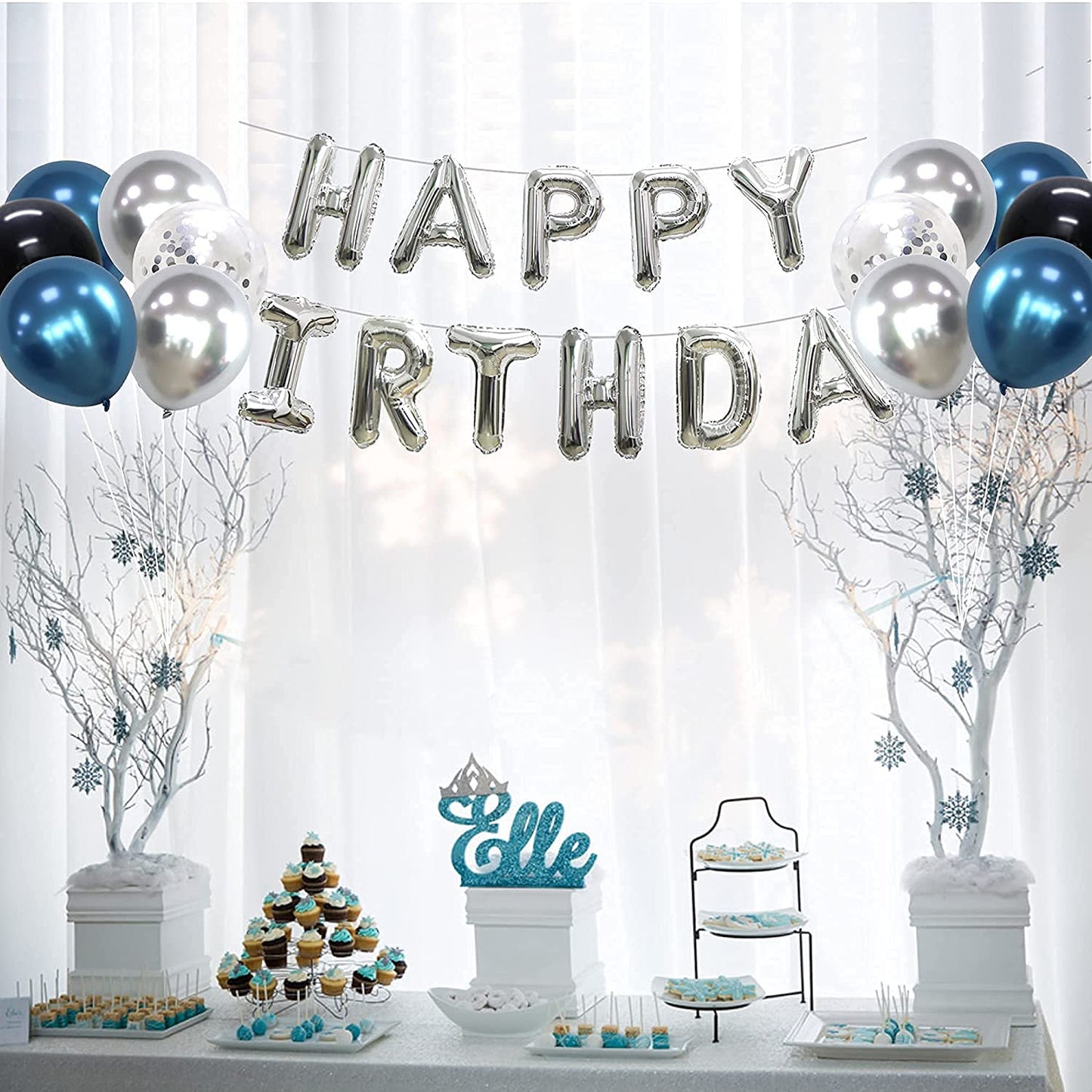 Navy Blue Black and Silver Party Decorations for Silver Happy Birthday Banner Love and Star Foil Balloon Dark Blue for Little King Baby Shower Decorations