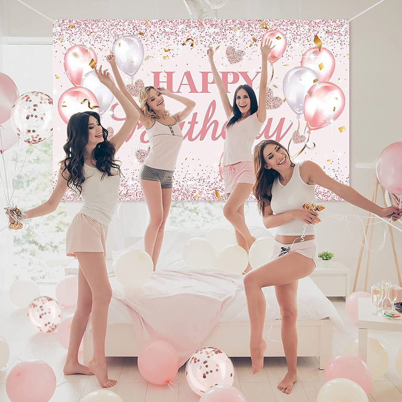 Happy Birthday Party Decorations Supplies Birthday Party Banner Balloons for Women and Girls Happy Birthday Backdrop Sweet 16 Photography Background Photo Booth (Happy Birthday)