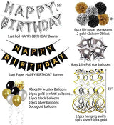 Birthday Party Supplies with Happy Birthday Balloons Banner and Paper Banner Gold and Black for Boys Girls 16th 18th 20th 21st 30th 40th 50th 60th Party Supplies