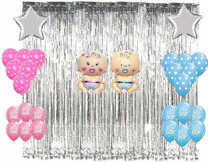 Baby Shower Decorations Combo-Silver Fringe Curtain , Printed And Polka Balloons ,Star Silver Foil Balloon