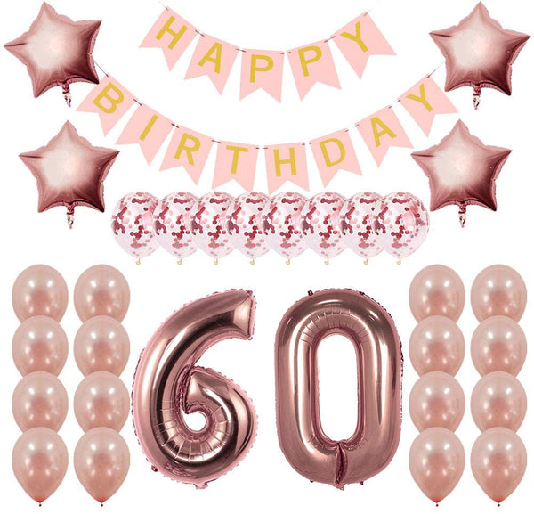 Rose Gold Sweet Party Supplies - Sweet Gifts for Girls - Birthday Party Decorations - Happy Birthday Banner, Number and Confetti Balloons (60th Birthday)
