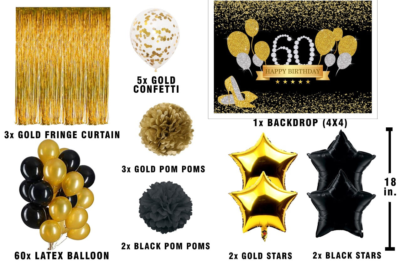 60th Birthday Party Decorations Complete Set for Birthday Party -Backdrop & Decorations Kit with  Pom Pom Pump Glue Dot & Balloon Strip