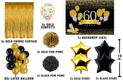 60th Birthday Party Decorations Complete Set for Birthday Party -Backdrop & Decorations Kit with  Pom Pom Pump Glue Dot & Balloon Strip