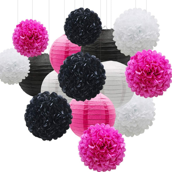 Pink ,Black And White Tissue Paper Pom Poms And Paper Lanterns
