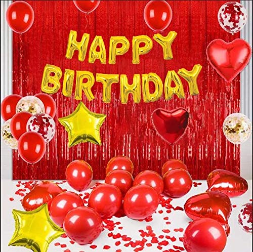 Happy Birthday Balloon Set With Red Foil Curtains For Birthday Party