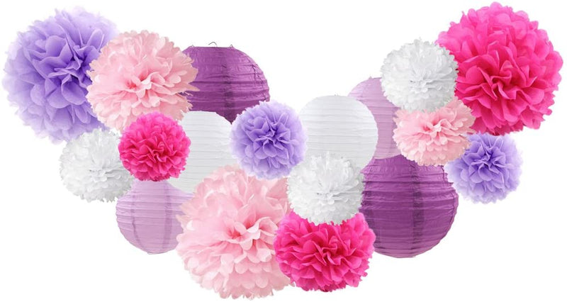 Pink ,Purple And White Tissue Paper Pom Poms And Paper Lanterns -Party Decorations